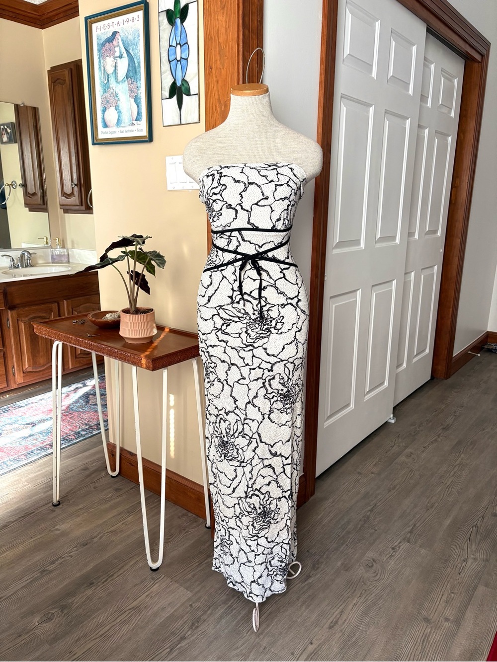Vintage Y2K Strapless Black & White Floral Maxi Dress